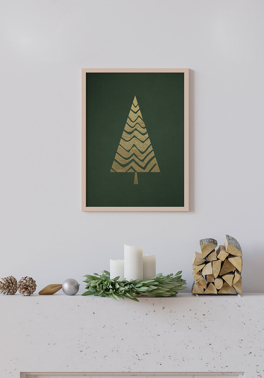 Poster Golden Christmas tree in black frame on the wall