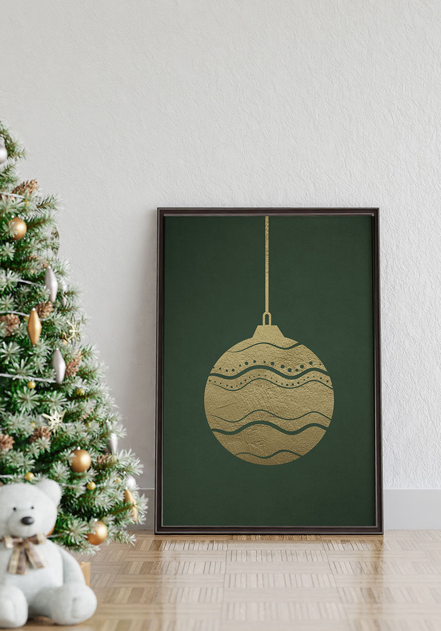 Poster golden Christmas tree ball next to Christmas tree