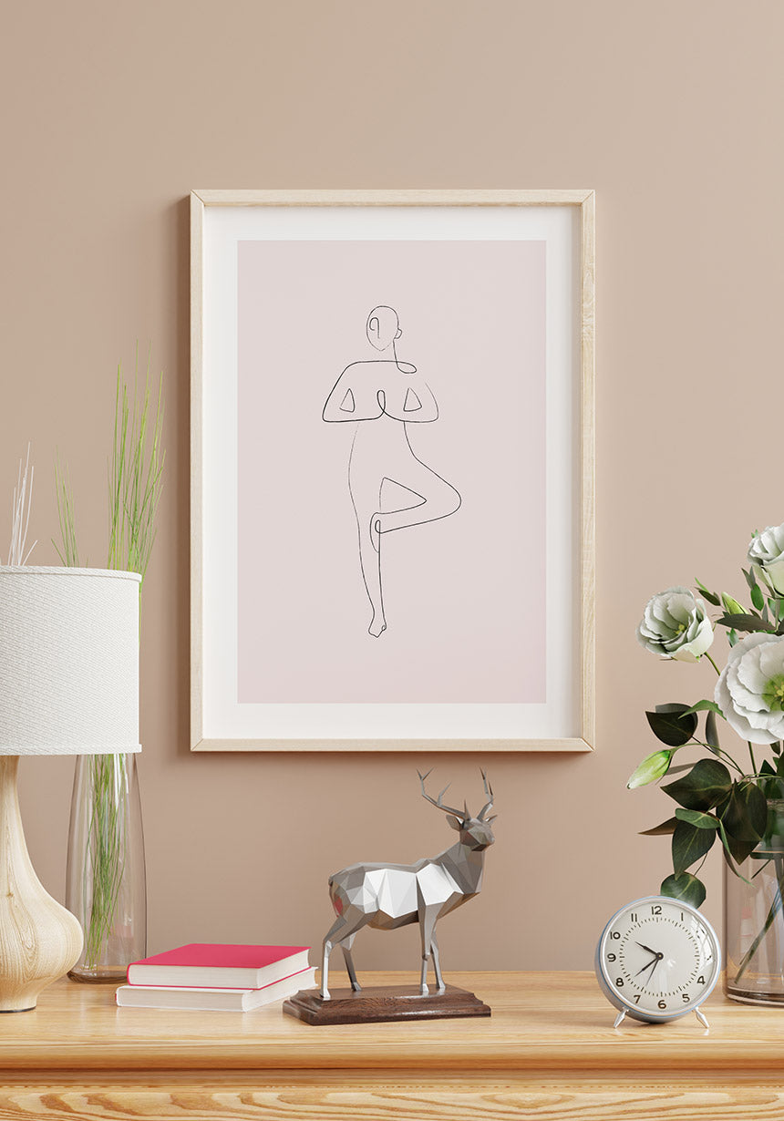Poster Yoga Line Art Tree Pose pink in wooden frame
