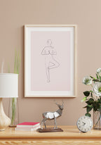 Poster Yoga Line Art Tree Pose pink in wooden frame