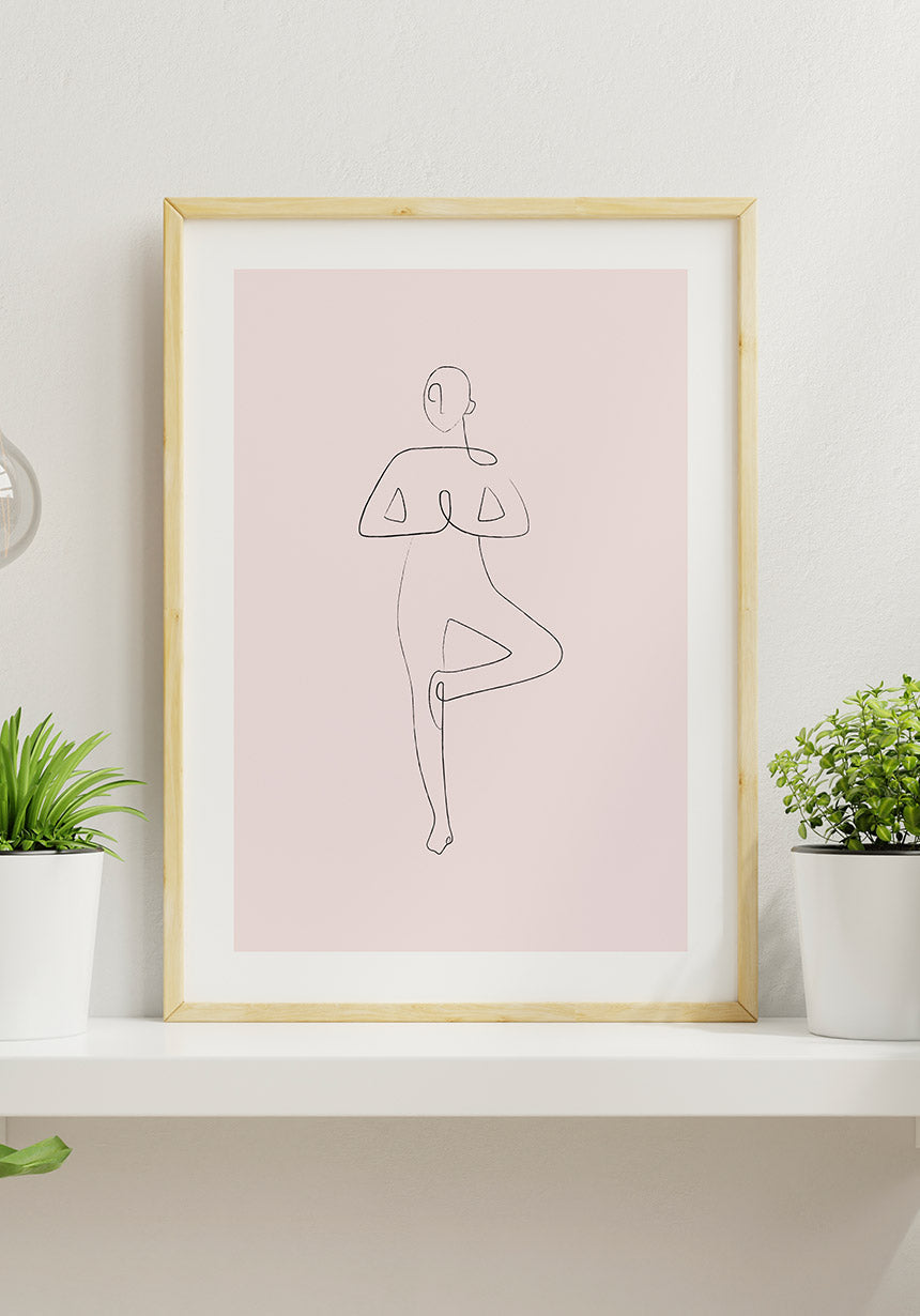 Poster Yoga Line Art Tree Pose pink in the living room