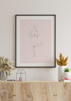 Poster Yoga Line Art Tree Pose Pink Over Sideboard