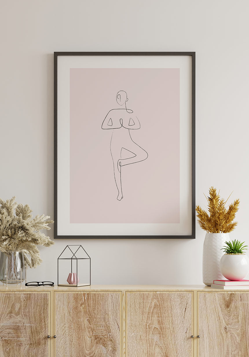 Poster Yoga Line Art Tree Pose Pink Over Sideboard