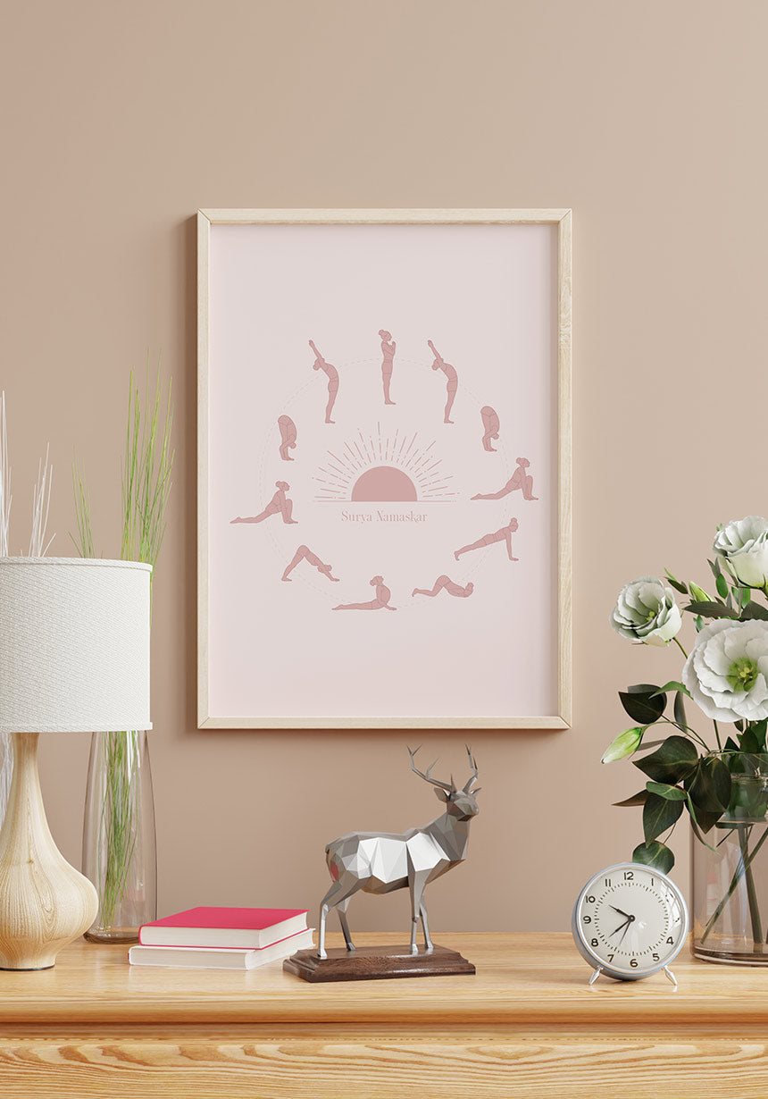 Poster Yoga Sunflower surya namaskar in wooden frame