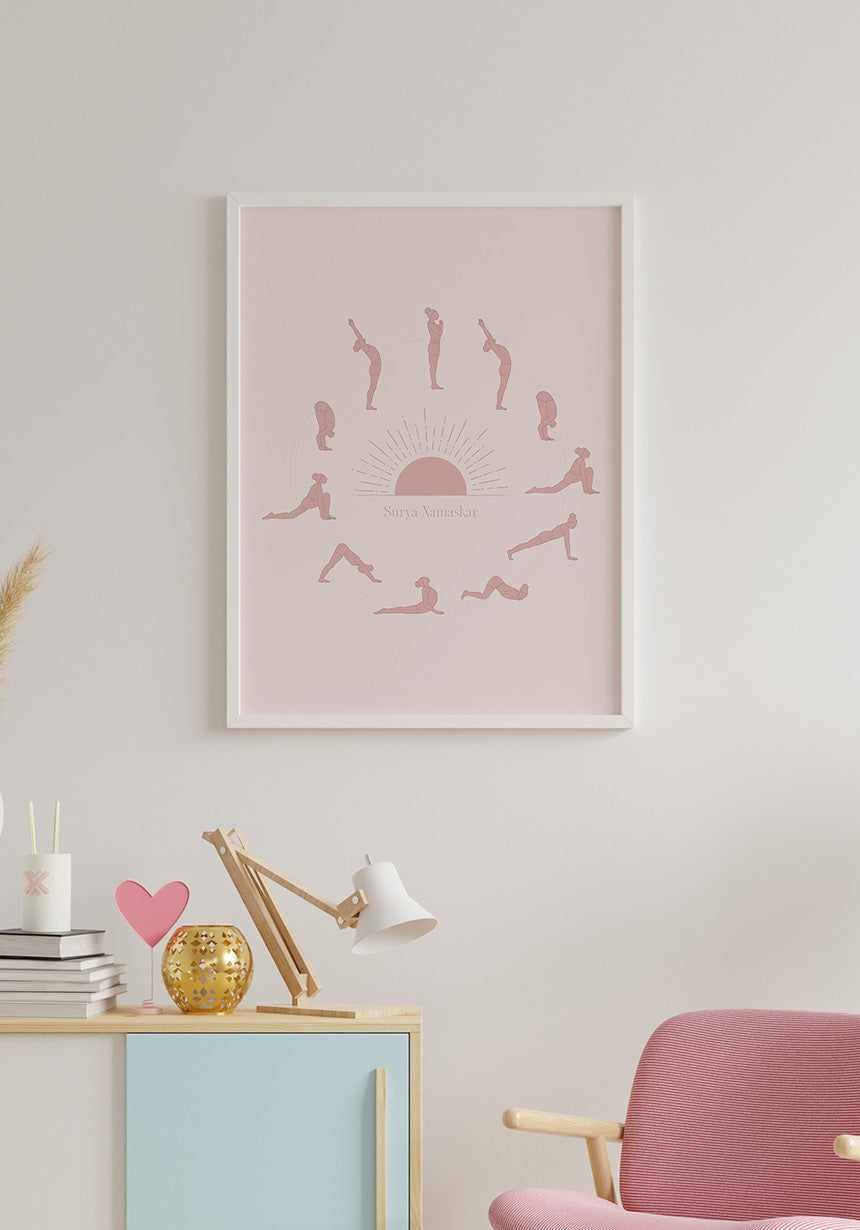 Poster Yoga Sunflower surya namaskar on white wall