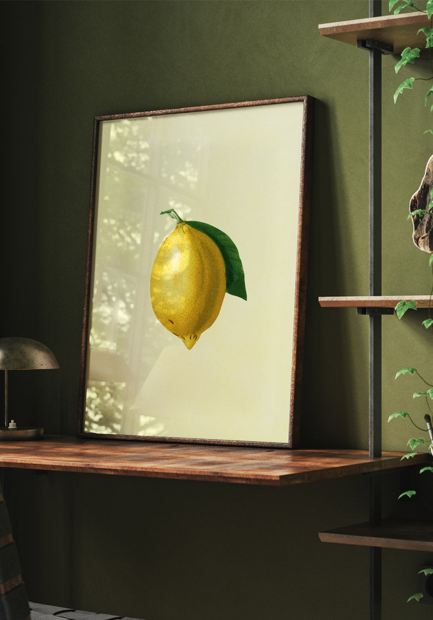 Poster lemon with leaf on green wall