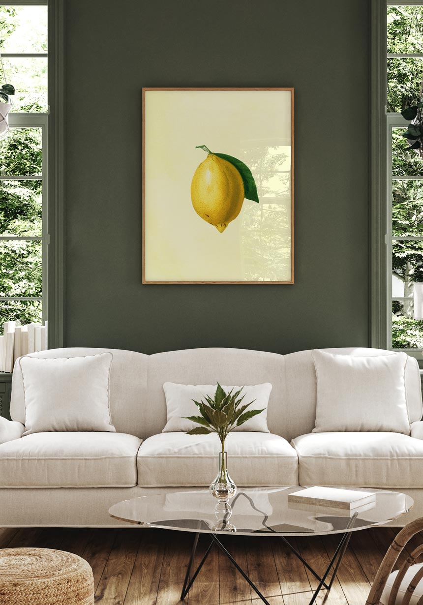 Poster lemon with leaf over the sofa