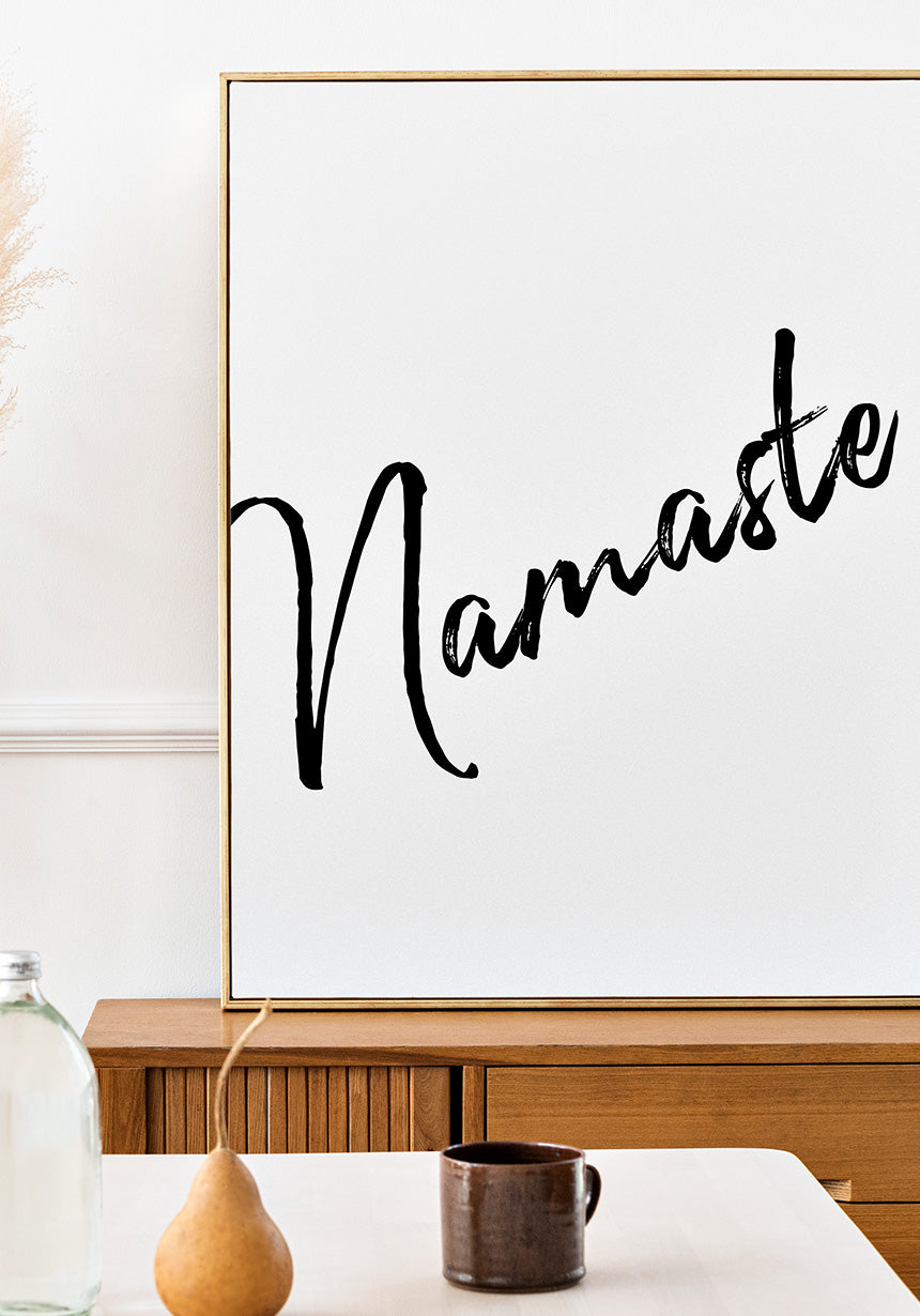 Namaste poster black on white in the dining room