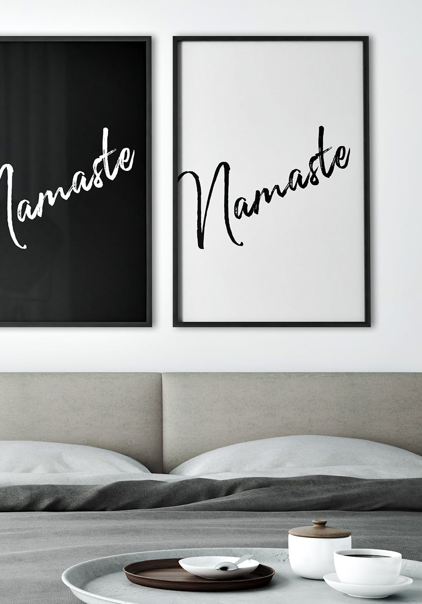 Namaste Typography Poster black on white over bed