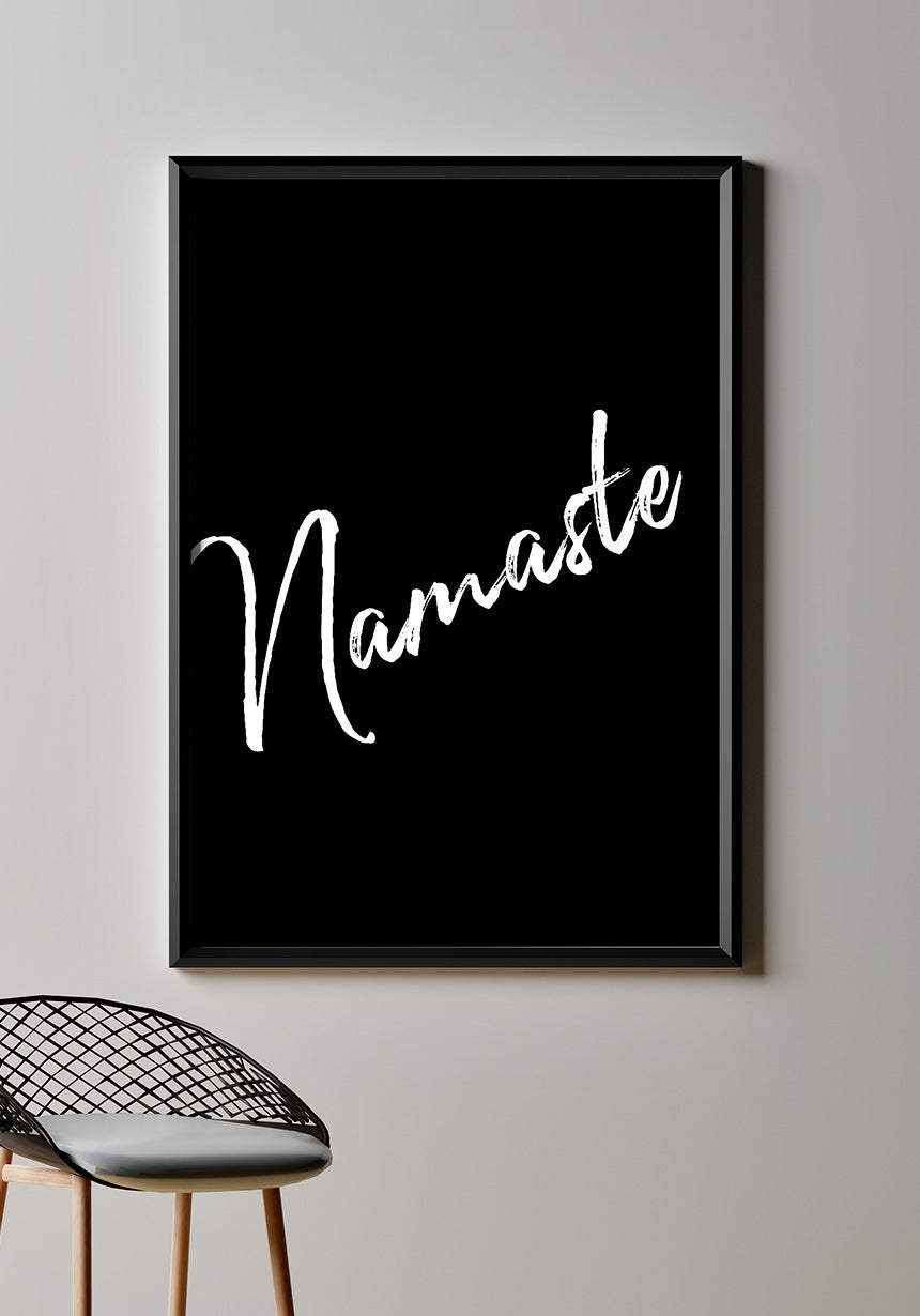 Namaste Yoga Poster white on black on wall