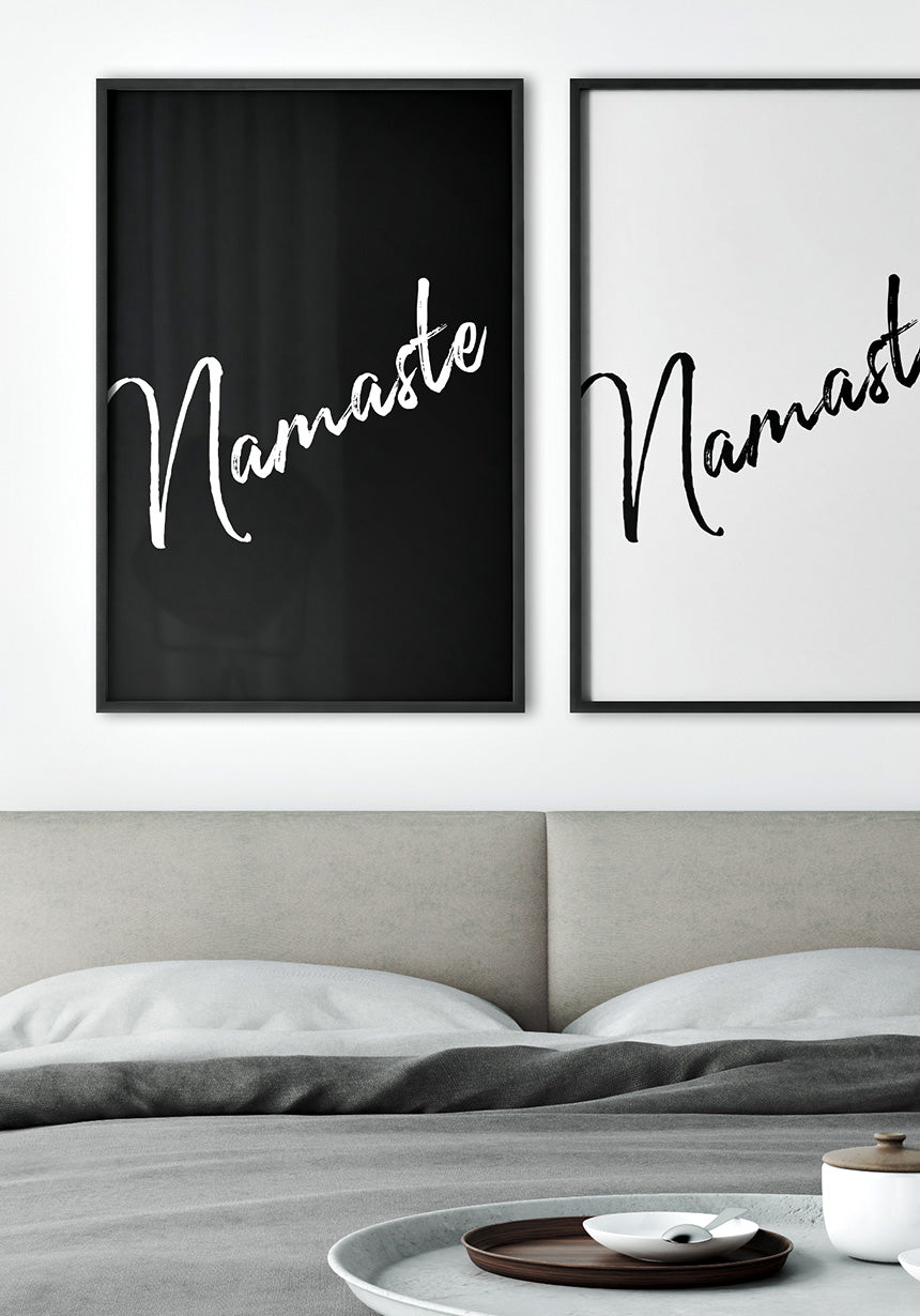 Namaste Yoga Poster white on black over bed