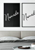 Namaste Yoga Poster white on black over bed