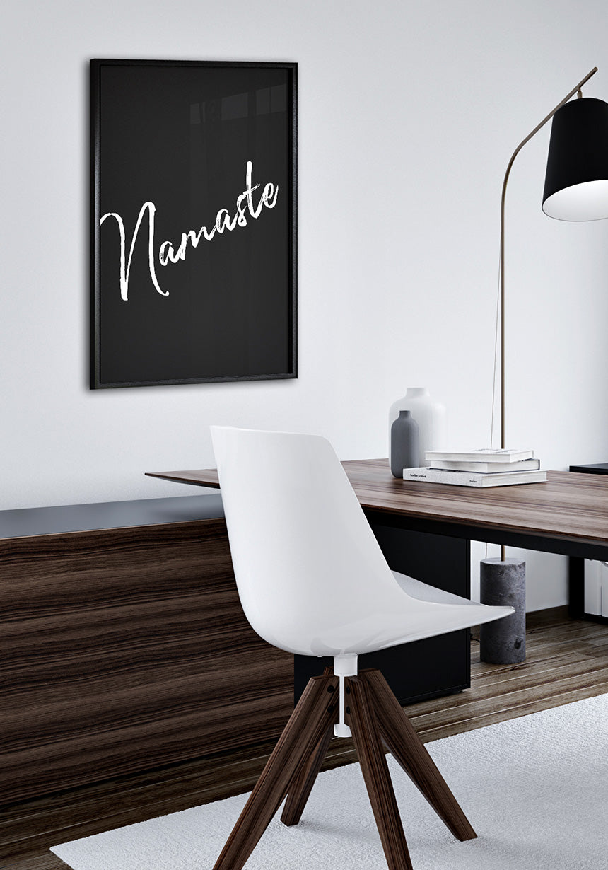 Namaste Yoga Poster white on black in office