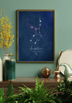 Poster illustration on blue background in golden frame