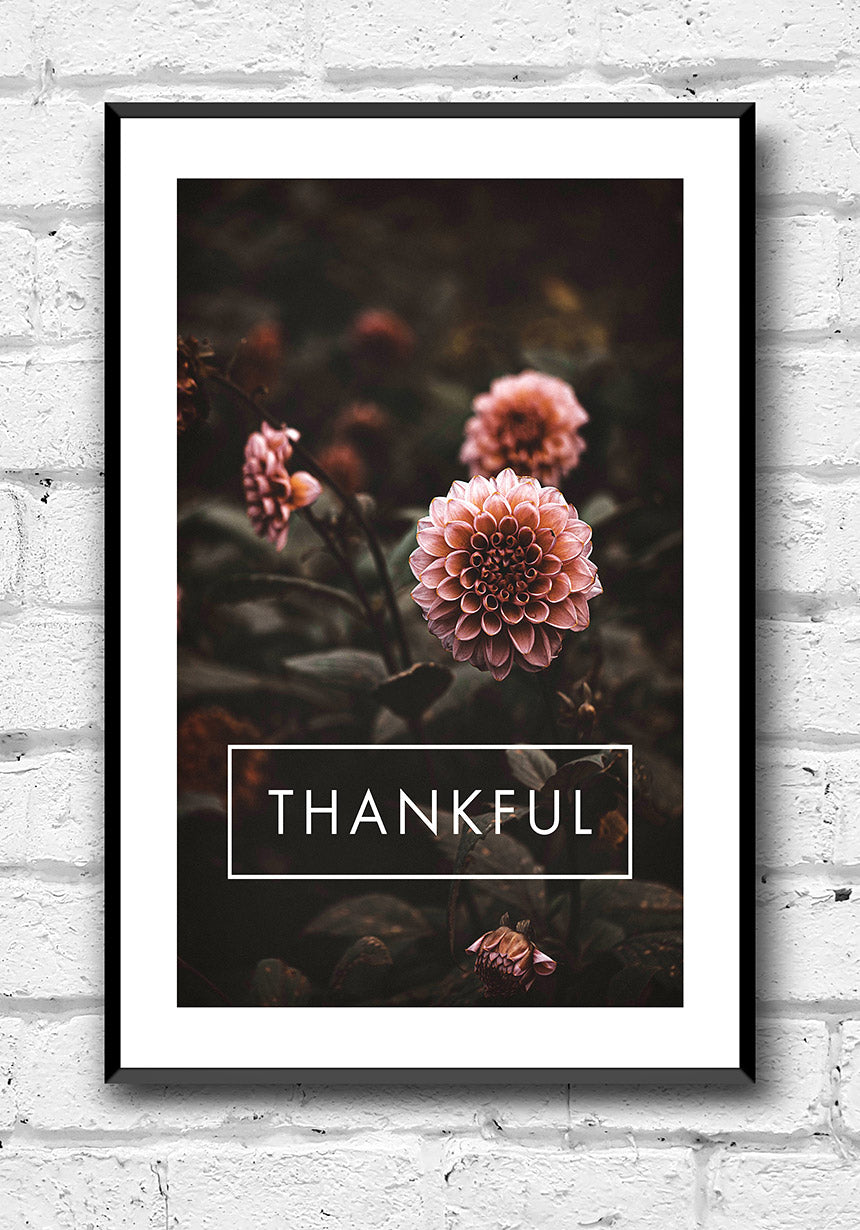 Thankful Poster with flowers on white wall