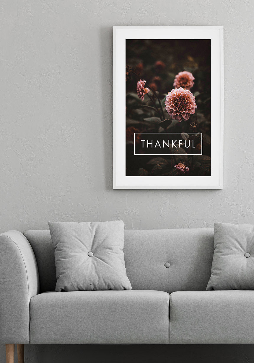 Thankful Poster with flowers over grey sofa