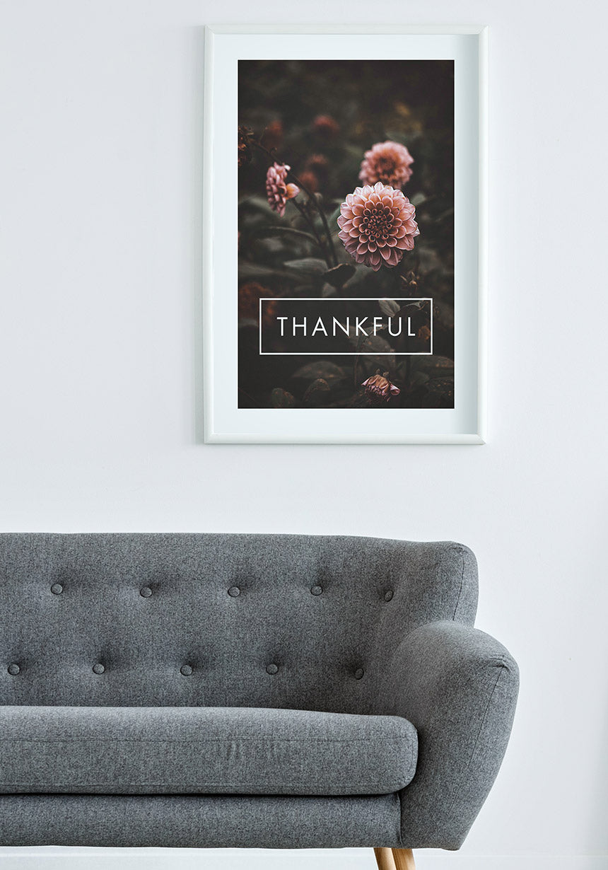 Thankful Poster with flowers in white frame