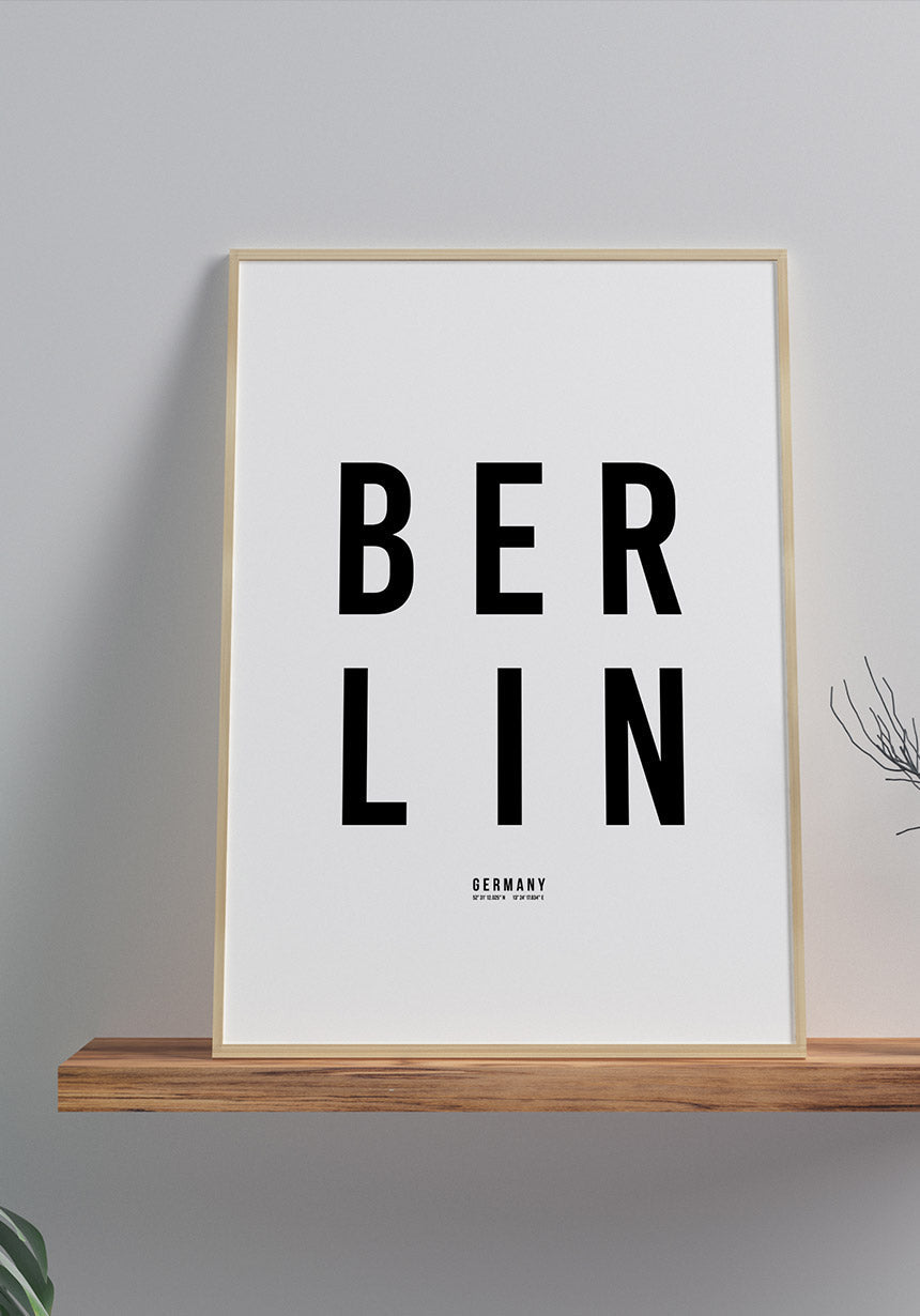 Berlin Typography Poster black white on shelf