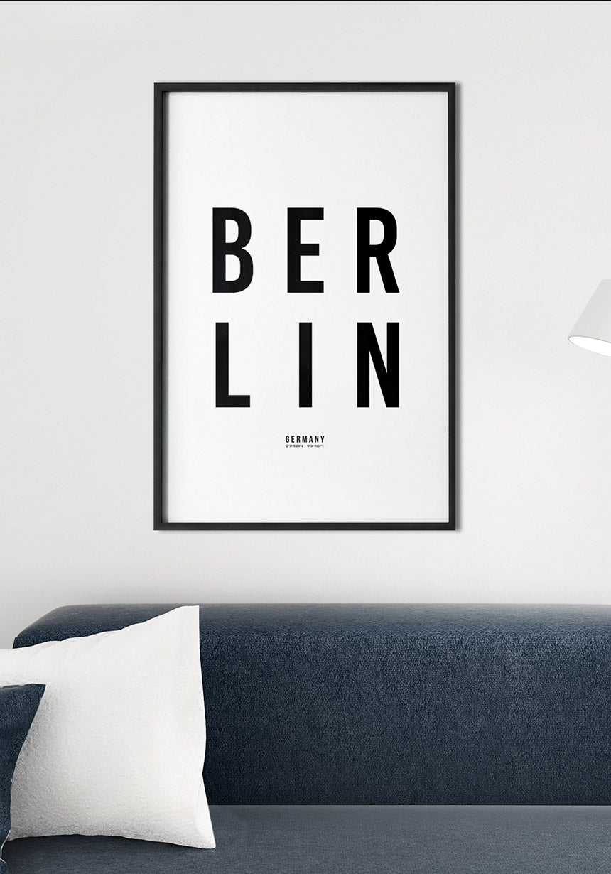 Berlin Typography Poster black white about sofa