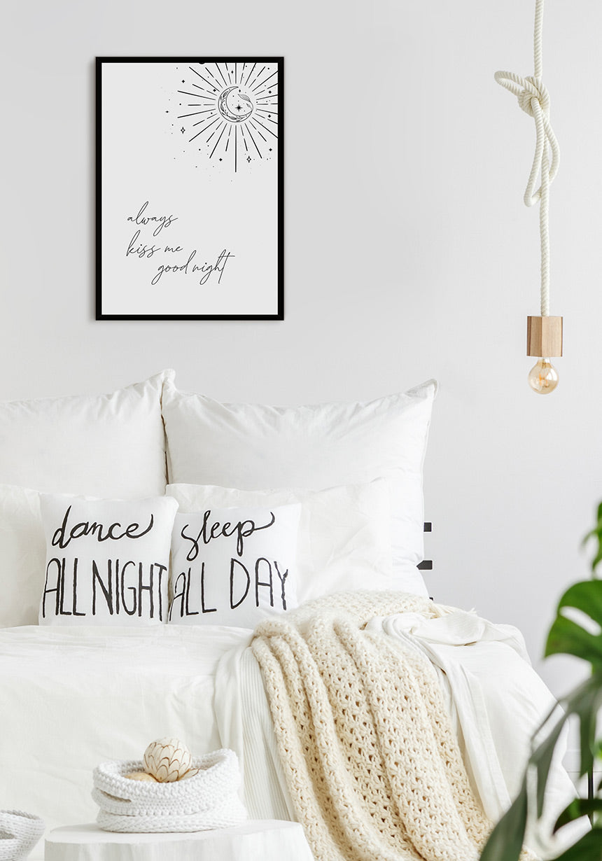 Typography Poster always kiss me good night over bright bed