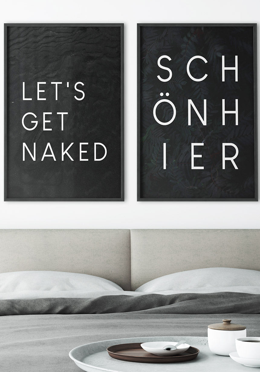 typography poster lets get naked on black picture wall over bed