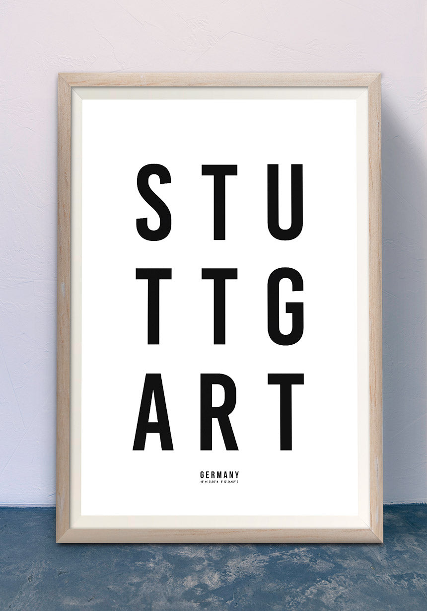 Stuttgart Typography Poster black white in the hallway