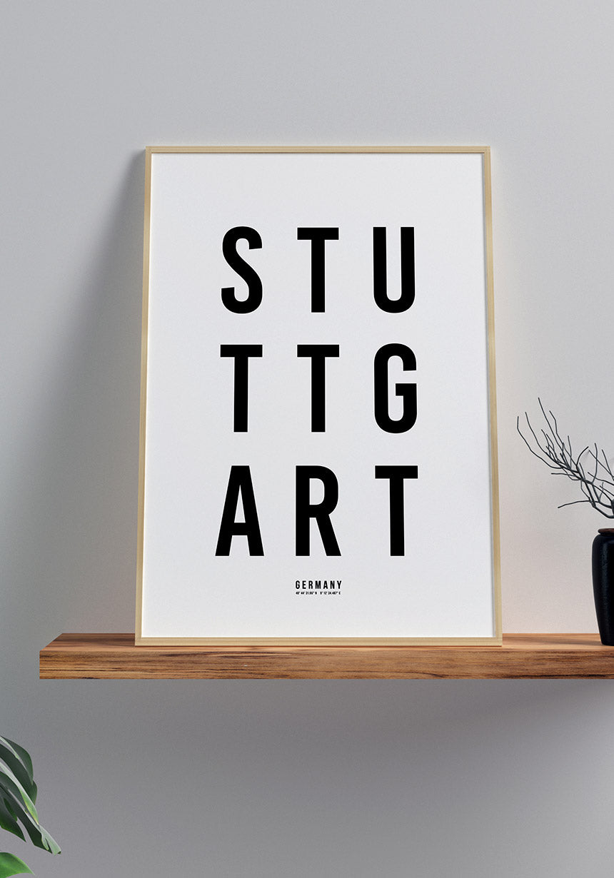 Stuttgart Typography Poster black white on shelf