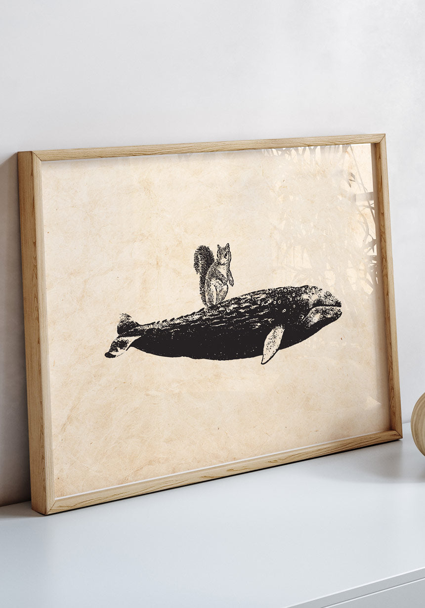 Vintage Poster Squirrels on Wal in Picture Frame
