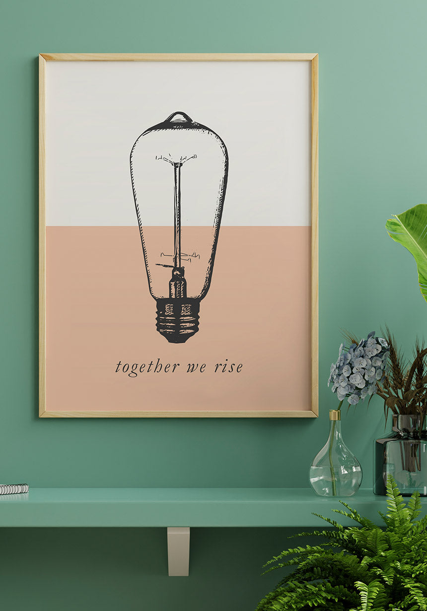 Vintage poster light bulb together we rise on green wall
