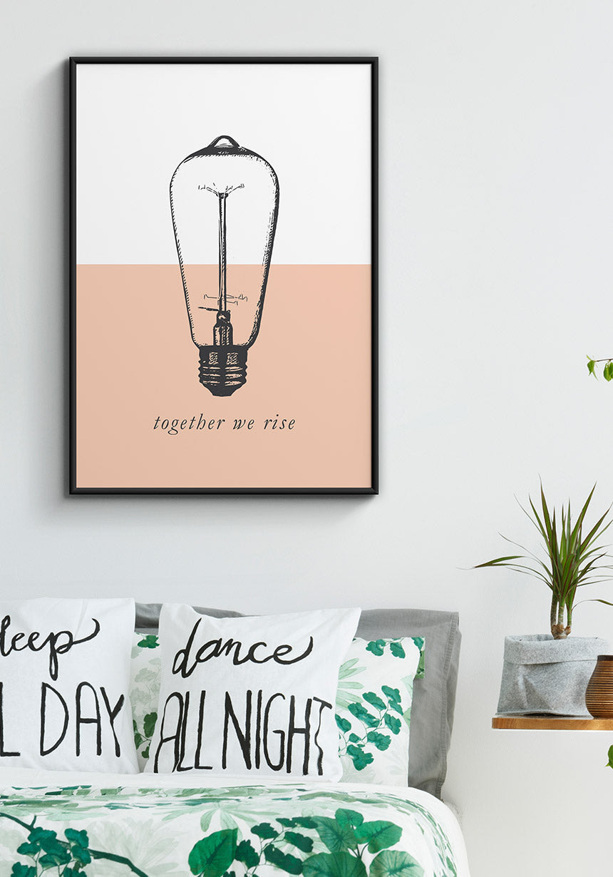 Vintage poster light bulb together we rise over bed