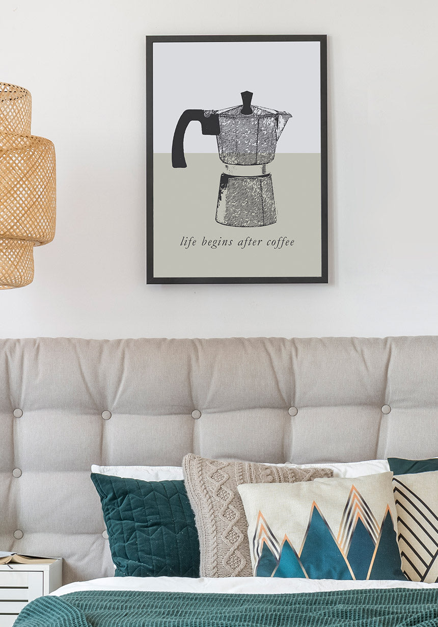 Vintage Poster Espressopot life begins after coffee over bed