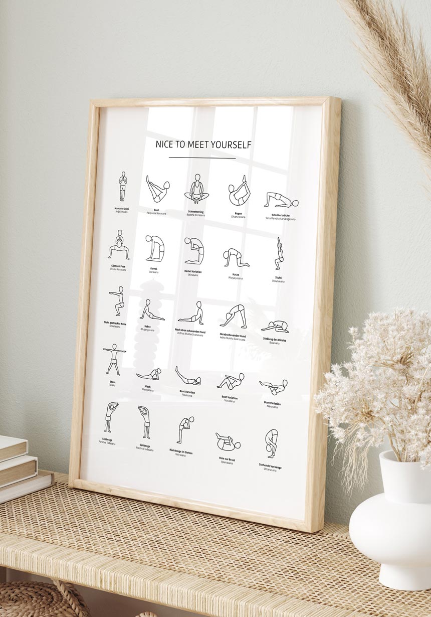 Poster Yoga Exercises Overview in Wooden Frame