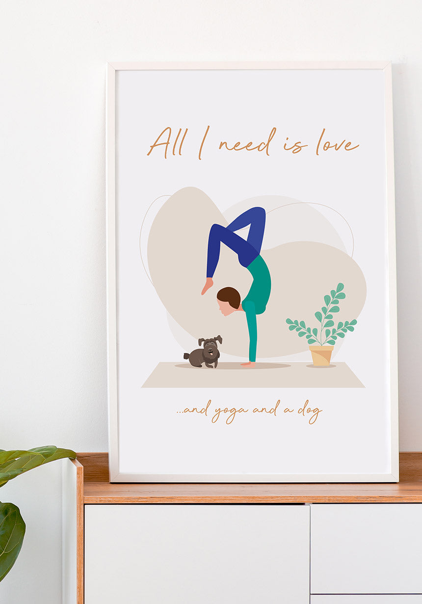 Yoga Poster Illustration Woman with dog on sideboard