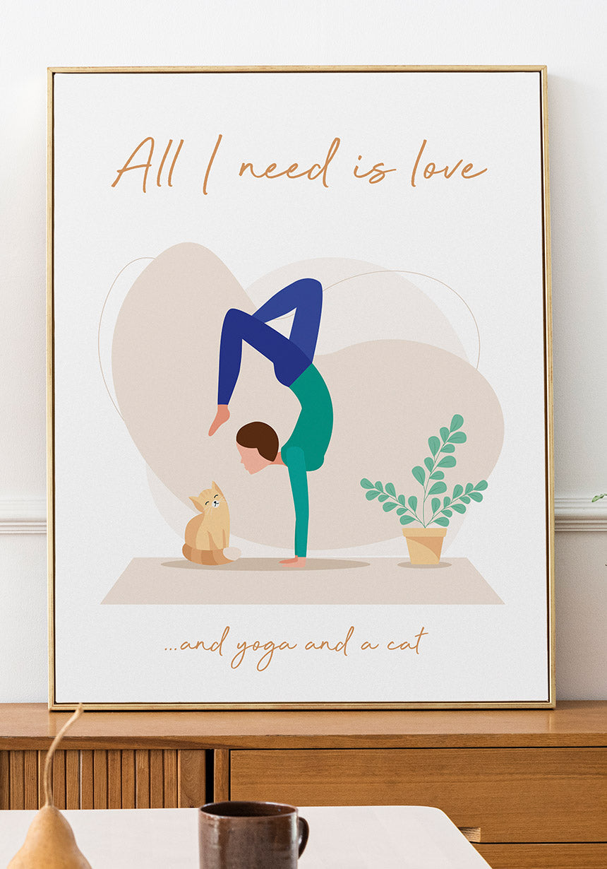 Yoga poster all i need is love on sideboard